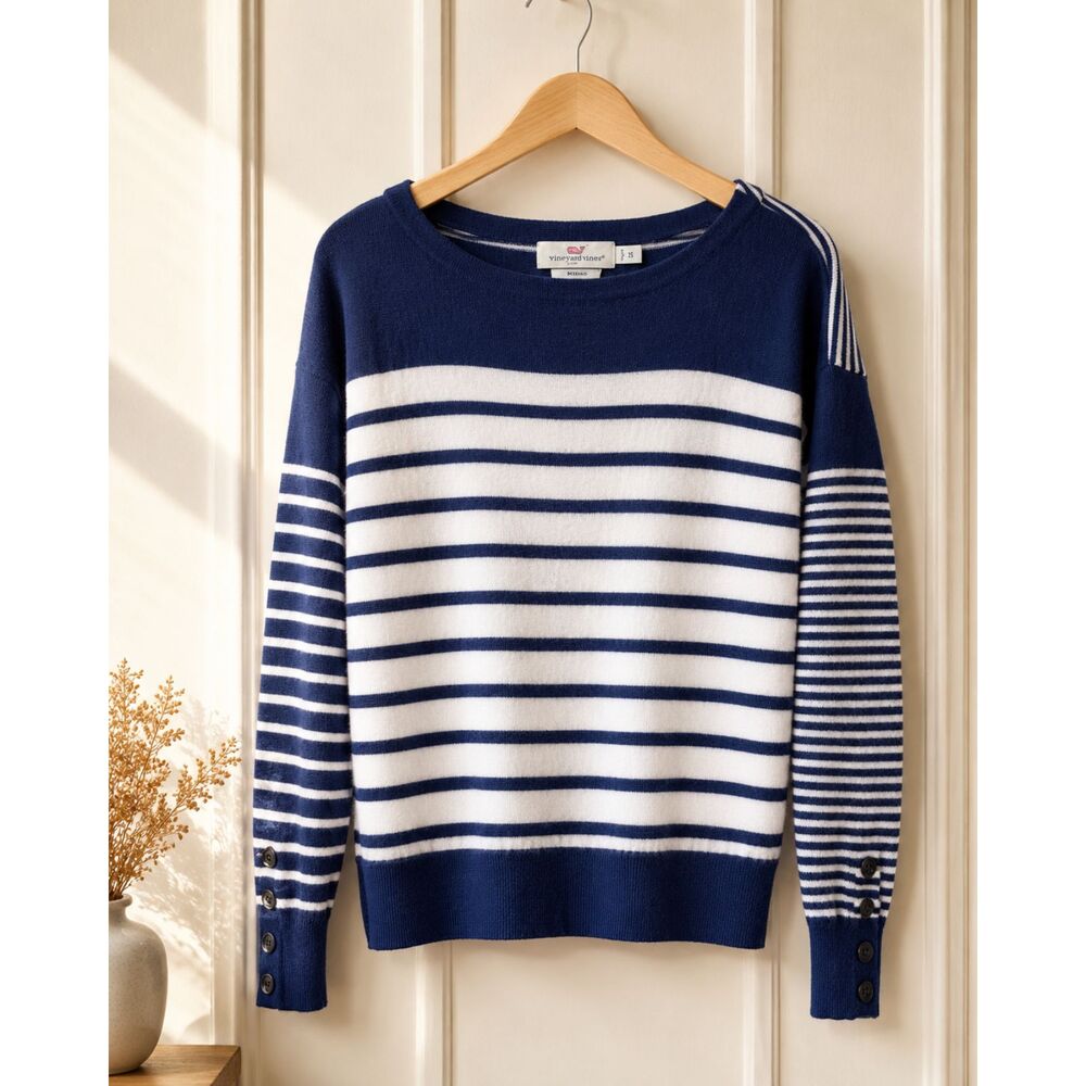 Vineyard Vines Merino Wool Navy White Striped Sweater Button Cuff XS